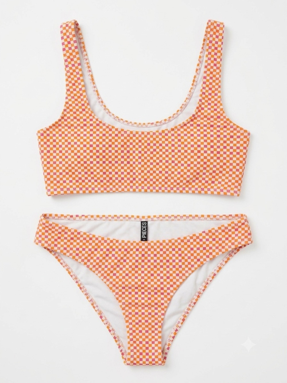 Pieces Orange & Pink Check Scoop Neck Bikini Set